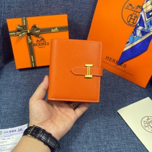 Hermes Bearn Compact Wallet Epsom Leather Gold Hardware In Orange