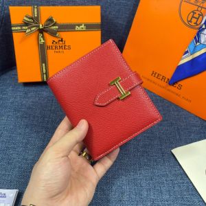 Hermes Bearn Compact Wallet Epsom Leather Gold Hardware In Red