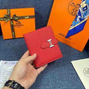 Hermes Bearn Compact Wallet Togo Leather Palladium Hardware In Red