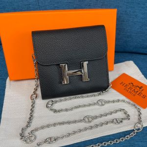 Hermes Constance Compact Wallet with Chain Togo Leather Palladium Hardware In Black