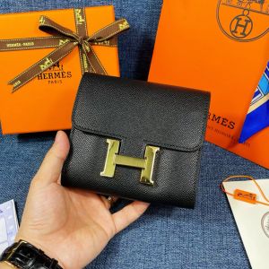 Hermes Constance Compact Wallet Epsom Leather Gold Hardware In Black