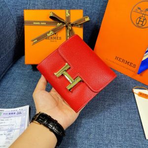 Hermes Constance Compact Wallet Epsom Leather Gold Hardware In Red