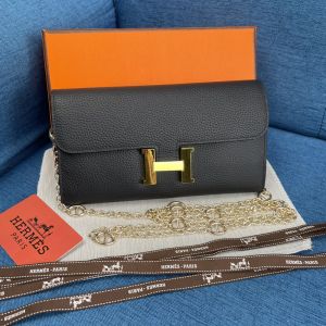 Hermes Constance Wallet with Chain Togo Leather Gold Hardware In Black