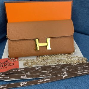 Hermes Constance Wallet with Chain Togo Leather Gold Hardware In Brown