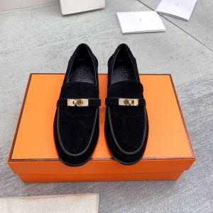 Hermes Destin Loafers Women Suede with Kelly Buckle In Black