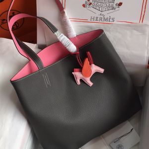 Hermes Double Sens Bag Clemence Leather In Black/Pink