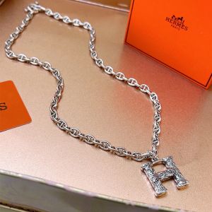 Hermes Engraved H Pendant Necklace Silver