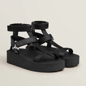 Hermes Enid Platform Sandals Women Calfskin with H Diamant Buckle In Black