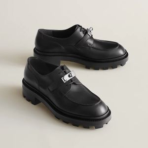 Hermes First Derby Shoes Women Calfskin with Kelly Buckle In Black