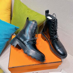 Hermes Funk Ankle Boots Women Shiny Calfskin with Kelly Buckle In Black