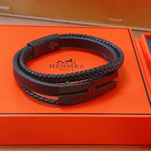 Hermes H Multi-Layered Woven Leather Wrap Bracelets In Black
