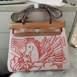 Hermes Herbag Bag Pegasus Canvas Palladium Hardware In Brown