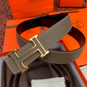 Hermes H Leather Buckle 38MM Reversible Belt Togo Leather In Grey/Gold