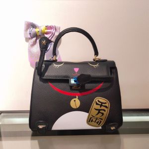 Hermes Kelly Bag with Lucky Cat Print Togo Leather Gold Hardware In Black