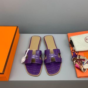 Hermes Oran Slides Women Crocodile Leather In Purple