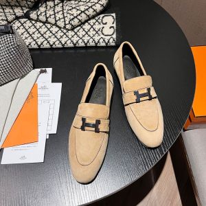 Hermes Paris Loafers Women Suede with H Buckle In Khaki