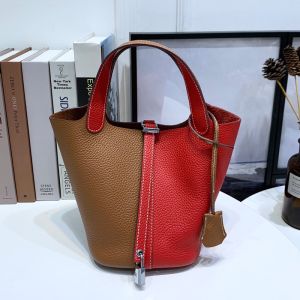 Hermes Picotin Lock Bag Bicolor Clemence Leather Palladium Hardware In Brown/Red