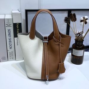 Hermes Picotin Lock Bag Bicolor Clemence Leather Palladium Hardware In White/Brown