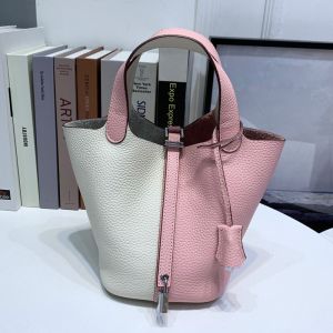 Hermes Picotin Lock Bag Bicolor Clemence Leather Palladium Hardware In White/Pink