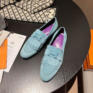 Hermes Royal Loafers Women Suede with Fringe and H Buckle In Sky Blue