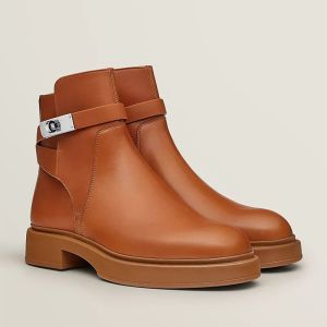 Hermes Veo Ankle Boots Women Calfskin with Ankle Strap In Brown