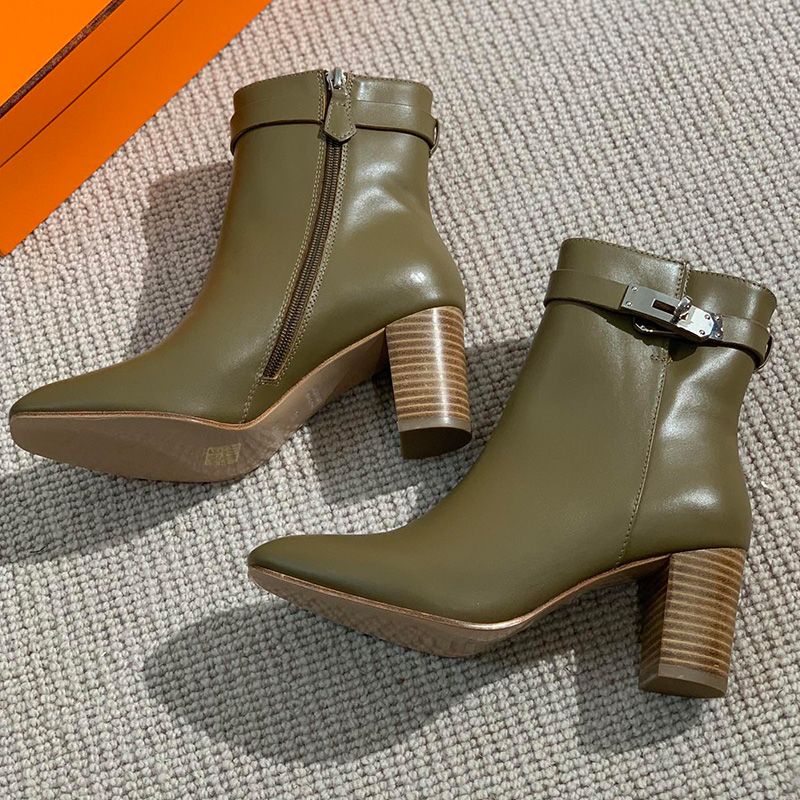 Hermes Saint Germain Ankle Boots Women Genuine Leather In Olive