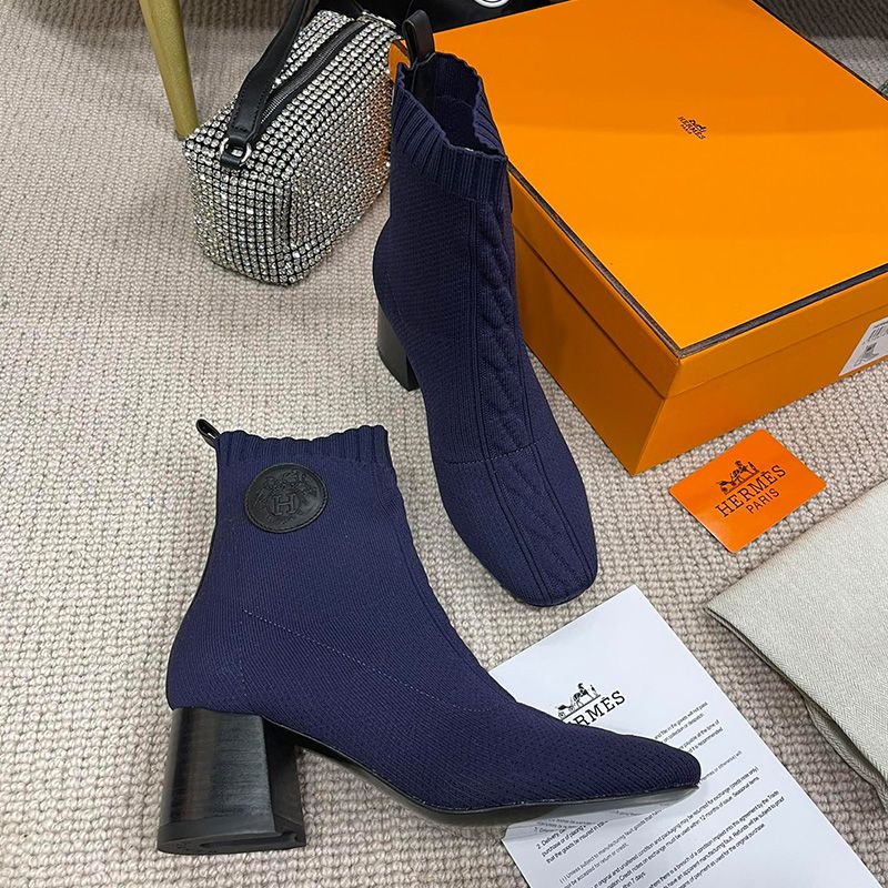 Hermes Volver 60 Ankle Boots Women Knit In Navy Blue