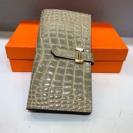 Hermes Bearn Wallet Alligator Leather Gold Hardware In Grey