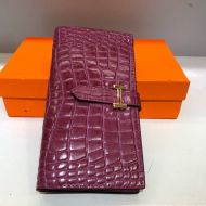Hermes Bearn Wallet Alligator Leather Gold Hardware In Purple