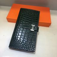 Hermes Bearn Wallet Alligator Leather Palladium Hardware In Green