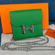 Hermes Constance Compact Wallet with Chain Togo Leather Palladium Hardware In Green