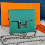 Hermes Constance Compact Wallet with Chain Togo Leather Palladium Hardware In Teal