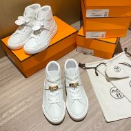 Hermes Daydream High-Top Sneakers Unisex Calfskin In White/Gold