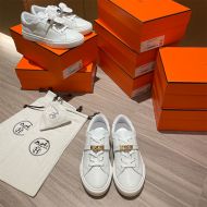 Hermes Day Sneakers Unisex Calfskin In White/Gold