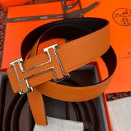 Hermes H Leather Buckle 38MM Reversible Belt Togo Leather In Brown/Silver