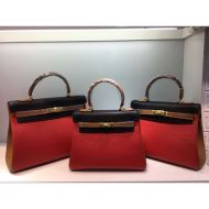 Hermes Kelly Bag Color Blocking Clemence Leather Gold Hardware In Red