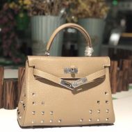 Hermes Kelly Bag Studed Togo Leather Palladium Hardware In Apricot