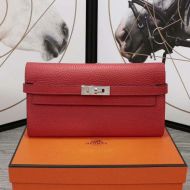 Hermes Kelly Wallet Epsom Leather Palladium Hardware In Red