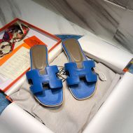 Hermes Oran Slides Women Calf Leather In Dark Blue