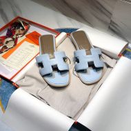 Hermes Oran Slides Women Calf Leather In Sky Blue