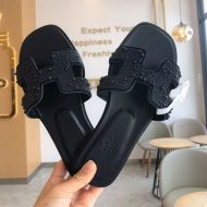 Hermes Oran Slides Women Glitter Leather With Pearl In Black