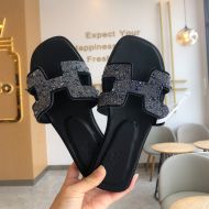 Hermes Oran Slides Women Glitter Leather With Pearl In Black/Blue