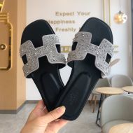 Hermes Oran Slides Women Glitter Leather With Pearl In Black/Silver