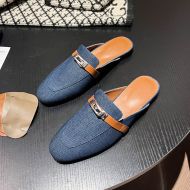Hermes Oz Mules Women Calfskin and Cotton Canvas with Kelly Buckle In Light Blue