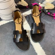 Hermes Santorini Flat Sandals Women Calfskin In Black